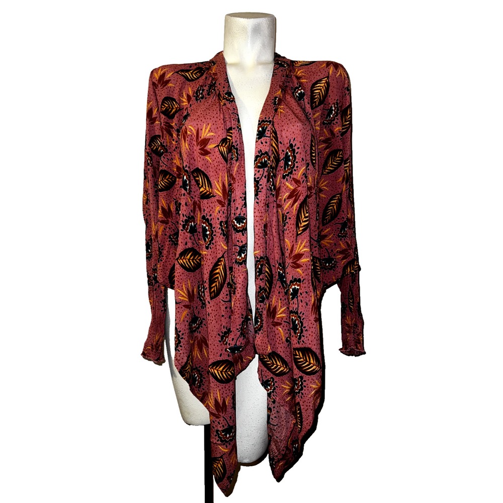 Patrons of Peace Womens Small Pink Botanical Leaf Open Front Sharkbite Cardigan